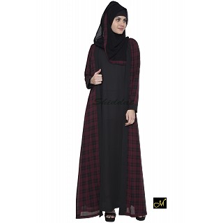 Shrug abaya- Black and Maroon Check