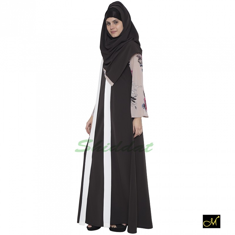 Buy abaya online- Dark grey colored with Beige printed