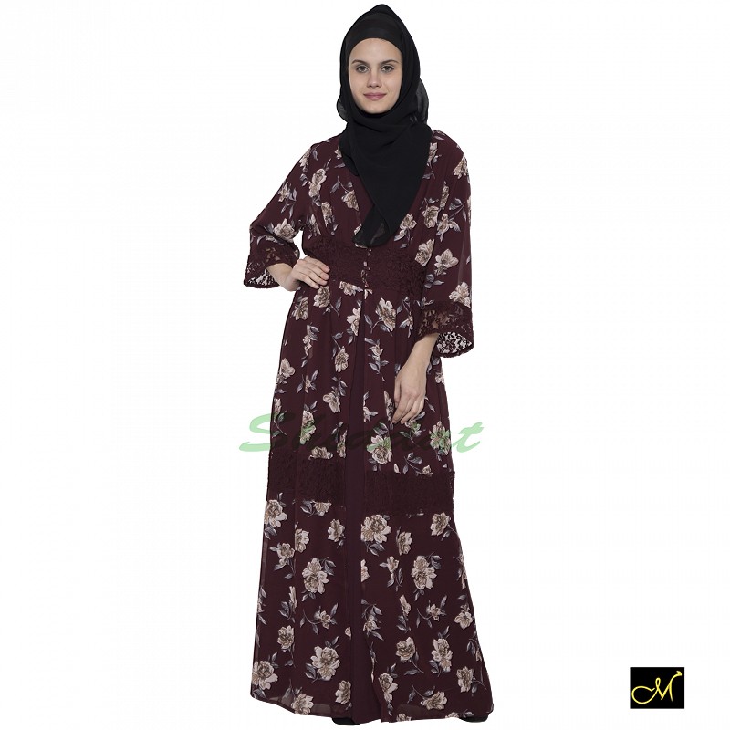 Shrug abaya online in India- Burgundy printed shrug over 