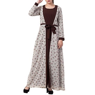 Printed Shrug Abaya- Brown-Multi color