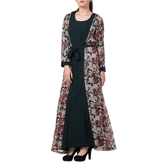 Printed Shrug Abaya- Green-Multi color