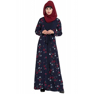 Floral printed Shrug abaya- Navy Blue