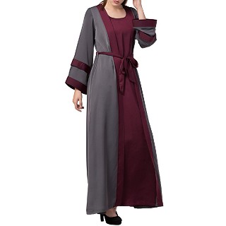 Designer Shrug Abaya- Grey-Burgundy color