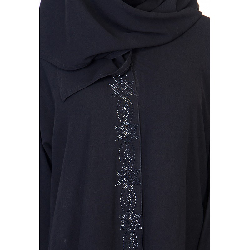 Burqa- Front open stylish Black burqa with silver stone work