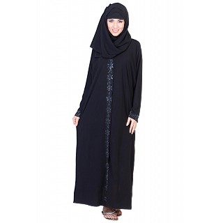 Front Open Black Abaya with silver stone