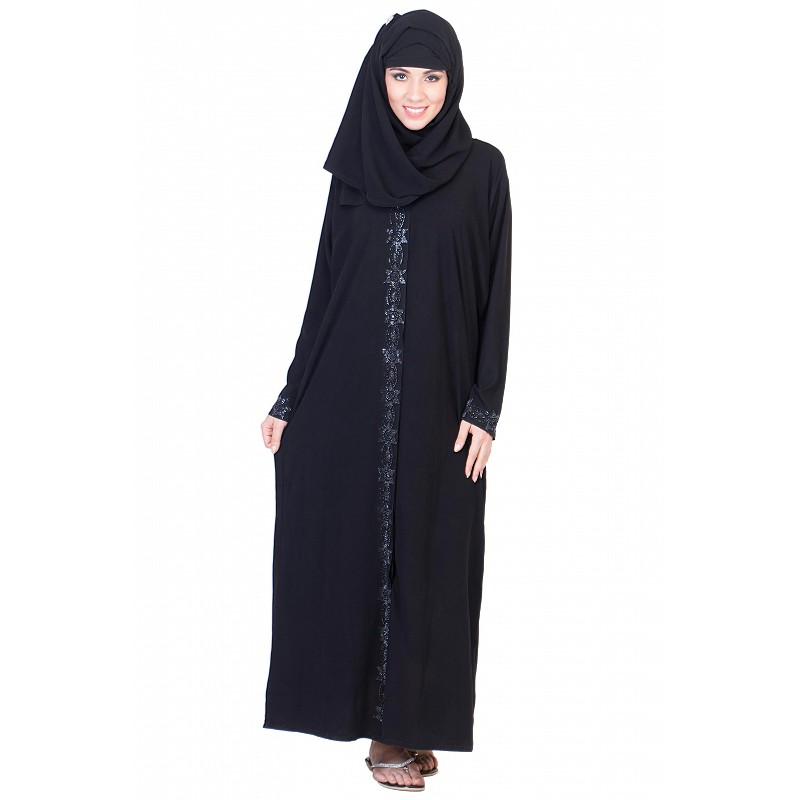 Burqa- Front open stylish Black burqa with silver stone work