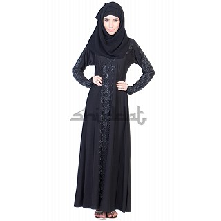 A-line Style Black Abaya with silver stone work