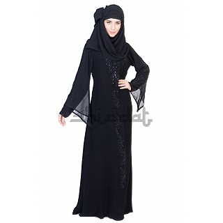 A-line Style and Umbrella sleeves Design Black Abaya with silver stone work