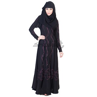 Dubai Style Umbrella design black Abaya with Maroon stone work