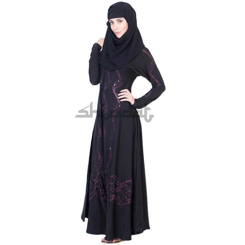 Burqa- Dubai Style Umbrella design black burqa, Maroon 