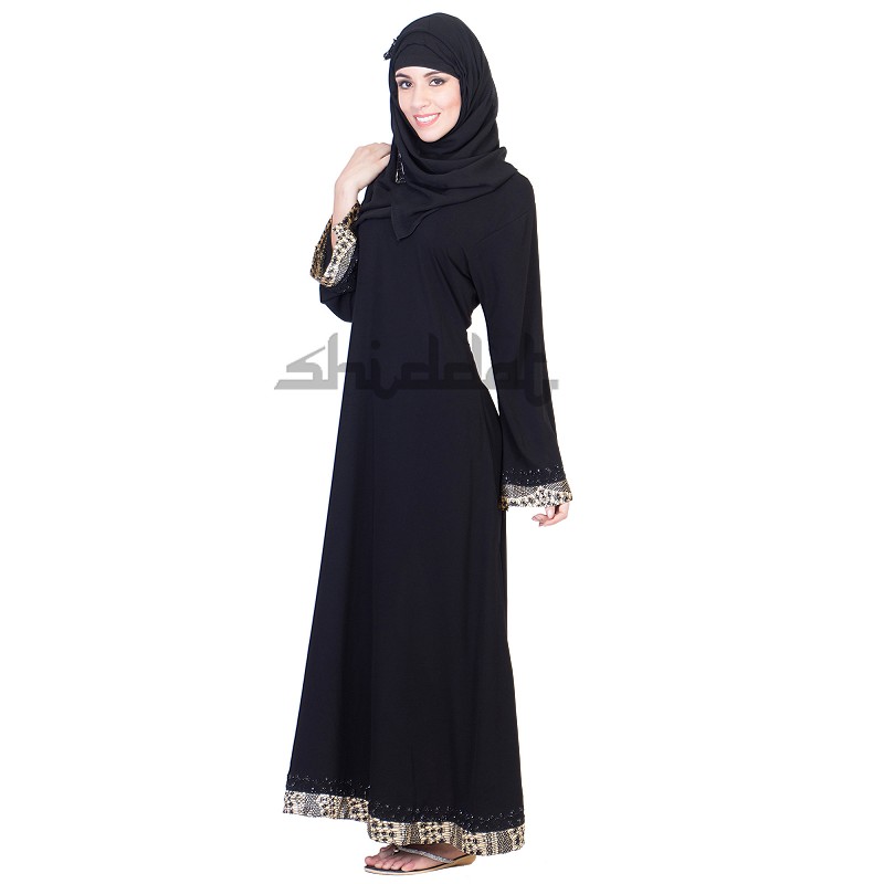 Burqa - Umbrella Style Black Abaya with Silver Stone work on Border