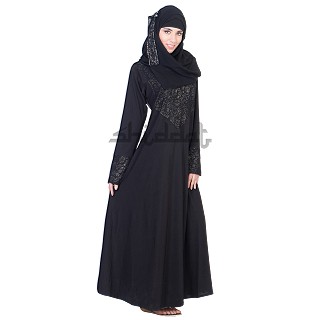 A-Line Black Abaya with silver stone work on Chest