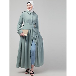 Front open Coat style abaya with wide belt- Sage Green