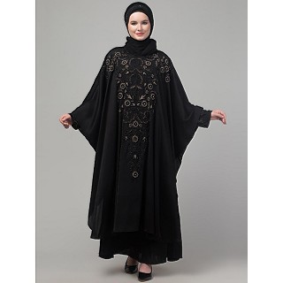 Double layered hand embroidered kaftan cum abaya- Black 