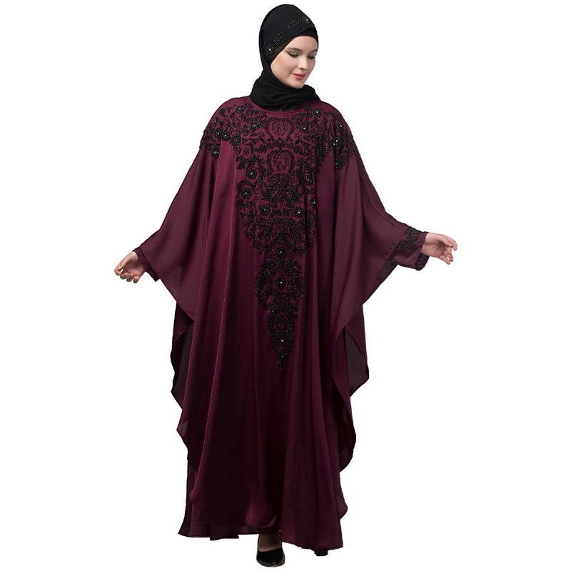 Double layered hand embroidered kaftan cum abaya- Wine