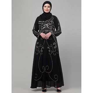 Beads and Sequence Hand embroidered Party wear abaya- Black and silver