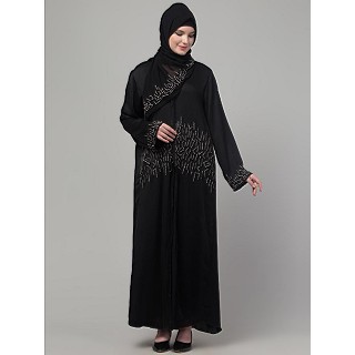 Front open hand made embroidered abaya with hijab- Black