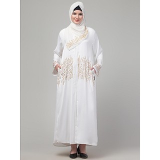 Front open hand made embroidered abaya with hijab-White