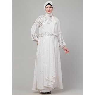 Hand Embroidered balloon Sleeves Abaya-White