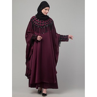 Double layered hand embroidered Part wear kaftan cum abaya- Wine