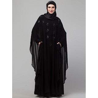 Double layered stone embellished abaya- Black 