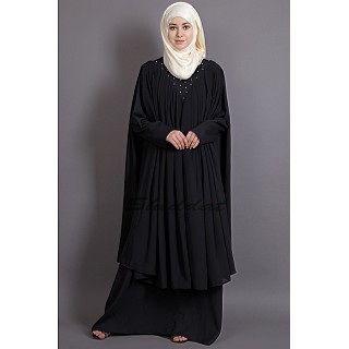 Double Layered Abaya with neck band - Black