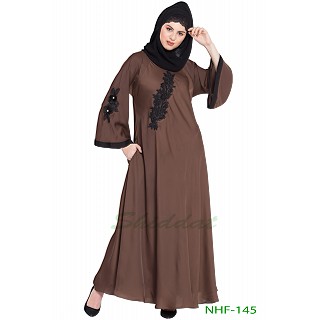 Umbrella abaya with embroidery patchwork- Coffee Brown