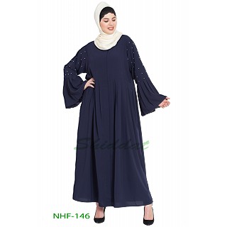 Front open pleated abaya- Navy Blue