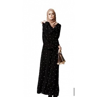 Pearl Beeds Abaya-Black and white print