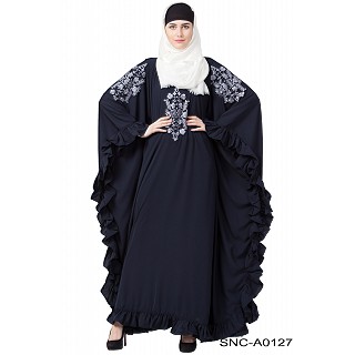 Embroidery Kaftan abaya with ruffled border- Navy Blue