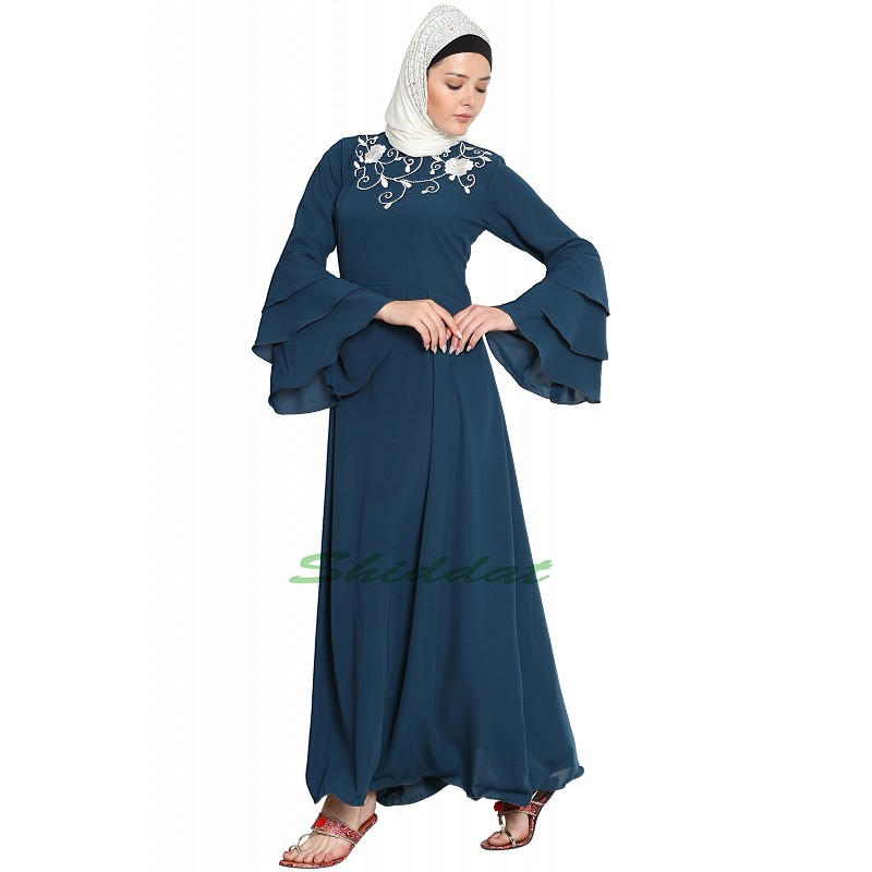 Navy Embroidered Linen Abaya