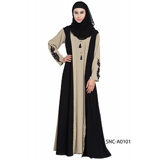 Kimono style abaya- Black-Beige