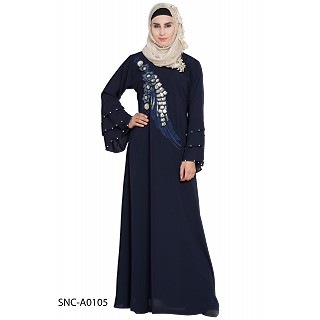 Bridal abaya with patchwork- Navy Blue