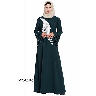 Bridal abaya with patchwork- Bottle Green