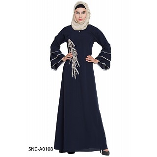 Embroidered A-line abaya- Navy Blue