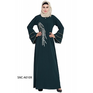 Embroidered A-line abaya- Bottle Green