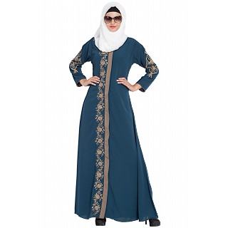 Embroidered front-open abaya- Midnight Blue