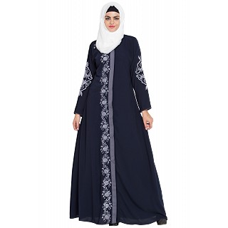 Embroidered front-open abaya- Navy Blue