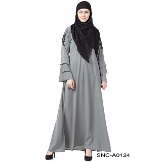 A-line embroidery abaya- Grey