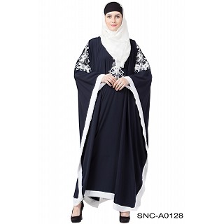 Kaftan abaya with White Embroidery work-  Navy Blue