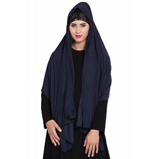 Classic hijab with black pearl lace border- Navy Blue color