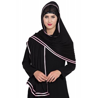 Premium Hijab with double tape pink border- Black