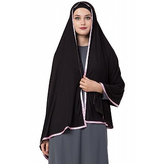 Premium Hijab with pink tape border- Black Color