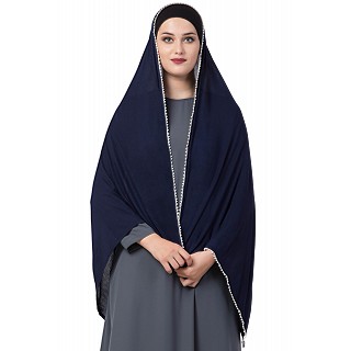 Classic hijab with white pearl lace border- Navy Blue color