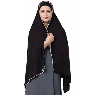 Classic hijab with white pearl lace border- Black color