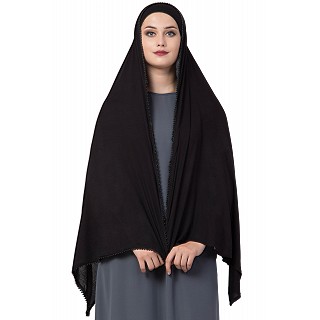 Classic hijab with black pearl lace border- Black color