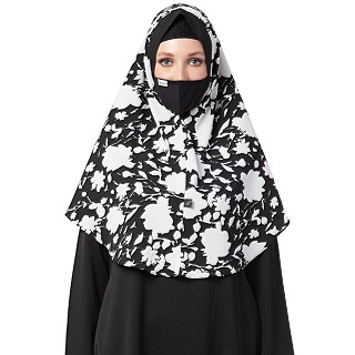 Instant Ready-to-wear Hijab - Black & White Flower Print