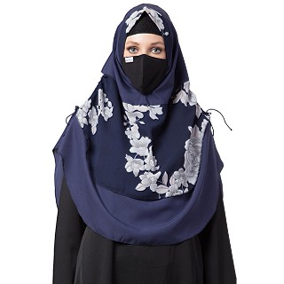 Instant Ready-to-wear Hijab - Navy Blue with White Print