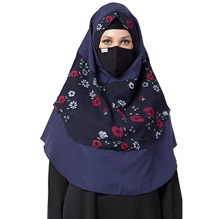 Instant Ready-to-wear Flower Printed Hijab - Blue and Navy Blue 