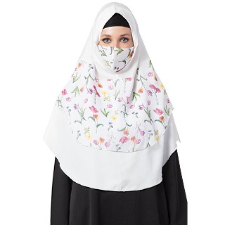 Instant Ready-to-wear Hijab Flower Printed - White Color